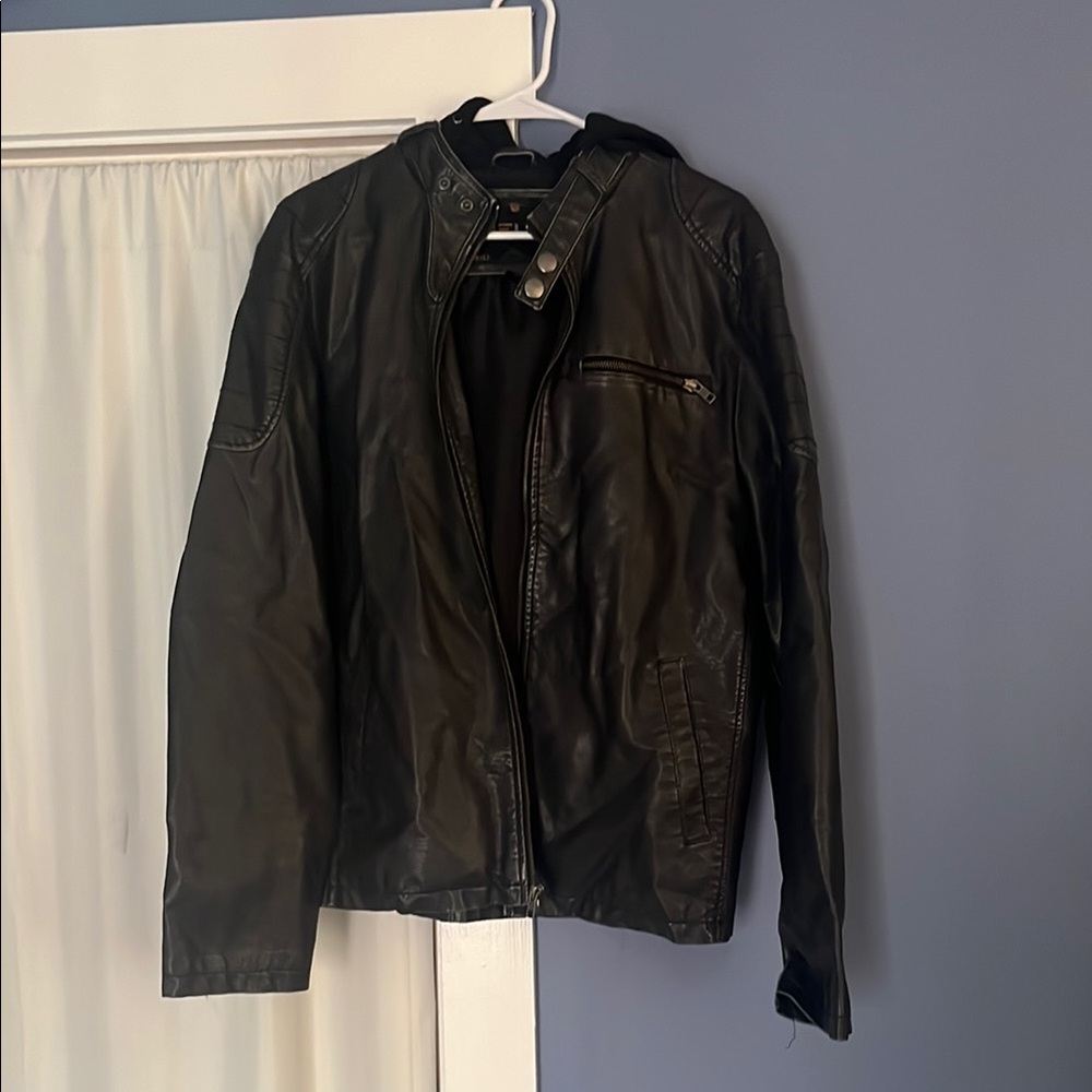 Helix Black Leather hooded jacket